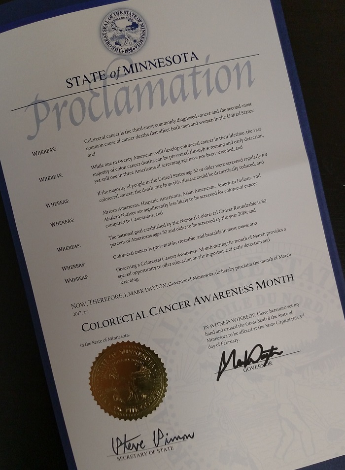 2017 Colon Cancer Awareness Month Proclamation, State of Minnesota