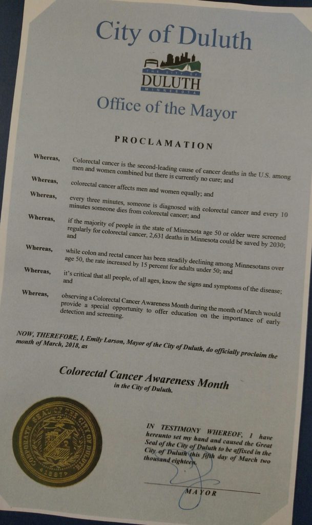 2018 Duluth Colorectal Cancer Awareness Month proclamation