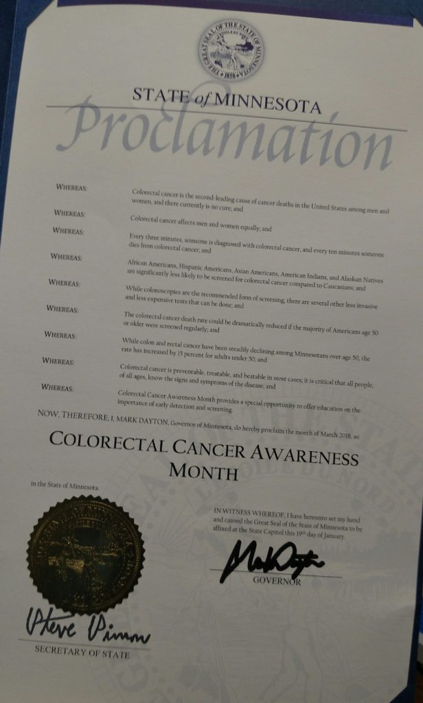 2018 Minnesota Colorectal Cancer Awareness Month proclamation