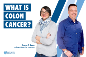 What is Colon Cancer info card features two survivors