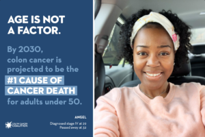 Young African American woman smiles at the camera on an informational card about young onset colon cancer.