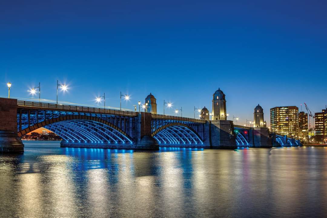 The Boston Longfellow Bridge lit blue for Colorectal Cancer Awareness Month